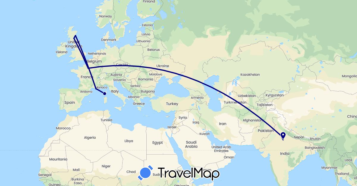 TravelMap itinerary: driving in France, United Kingdom, India (Asia, Europe)